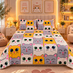 Cute Cat Faces Kids Double Bed Sheet with 2 Pillow Cases - The Idea