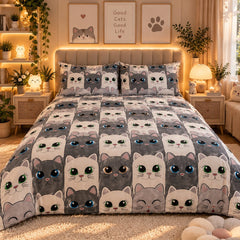 Cute Grey Cats Kids Double Bed Sheet with 2 Pillow Cases - The Idea
