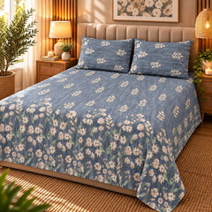 Denim Daisy Printed Cotton Double Bed Sheet with 2 Pillow Cases - The Idea