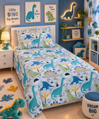 Dino Adventure Blue Kids Single Bed Sheet with Pillow Case