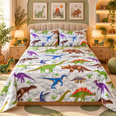 Dinosaur World Kids Double Bed Sheet with 2 Pillow Cases - The Idea