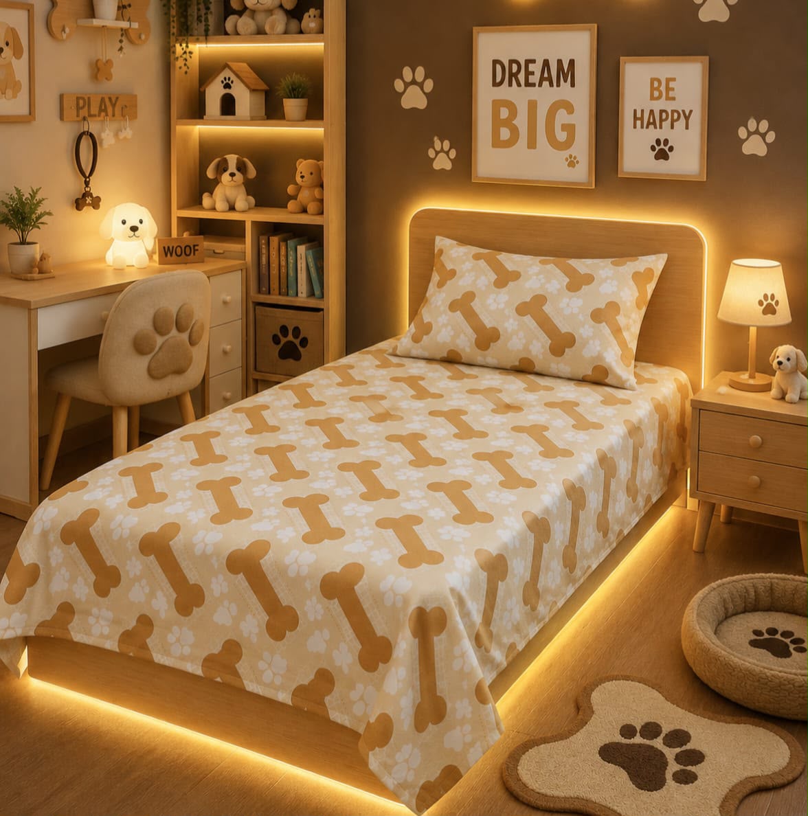 Puppy Bones & Paws Single Bed Sheet with Pillow Case