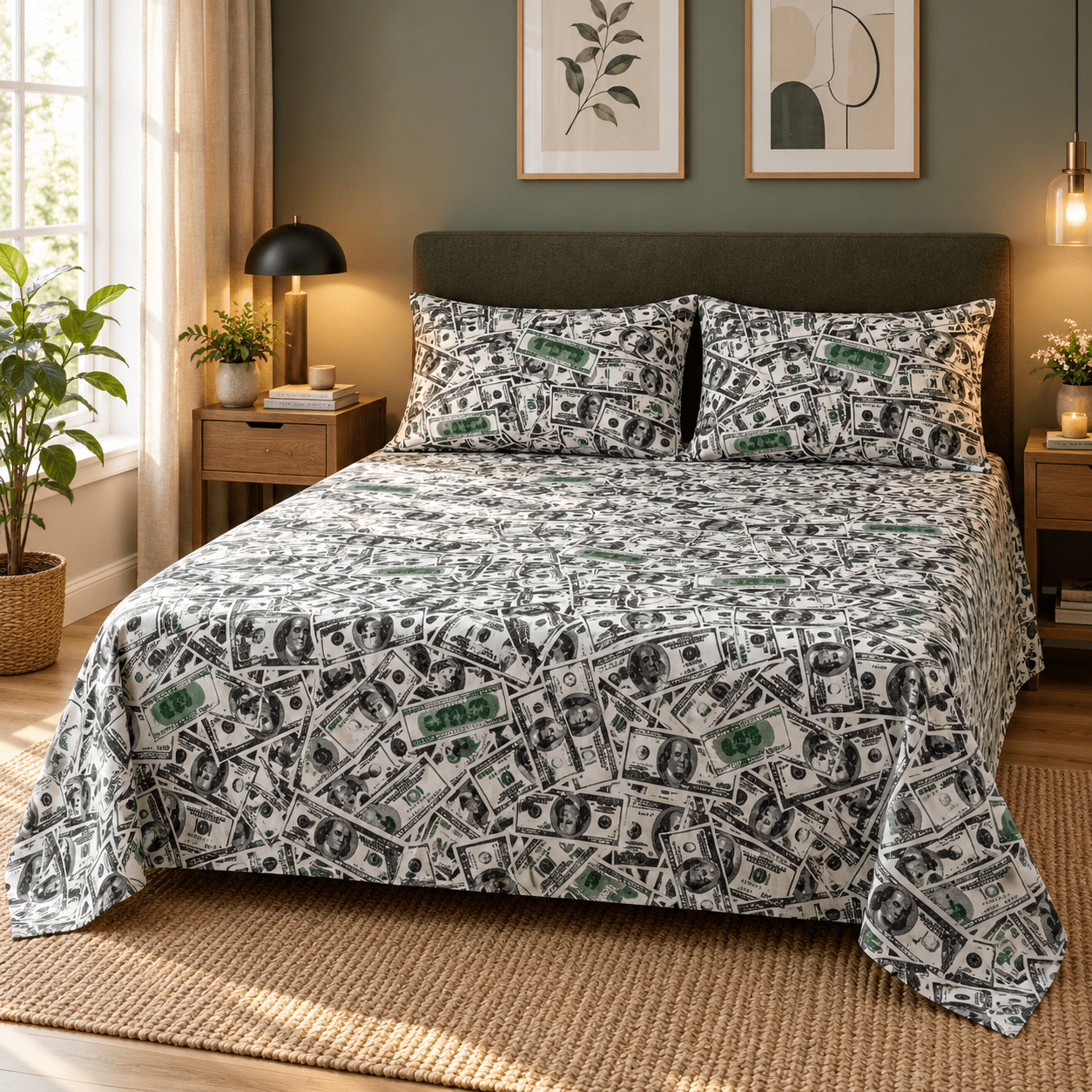 Dollar Money Print Kids Double Bed Sheet with 2 Pillow Cases - The Idea