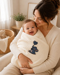 Mother holding baby wrapped in cream elephant embroidered baby blanket