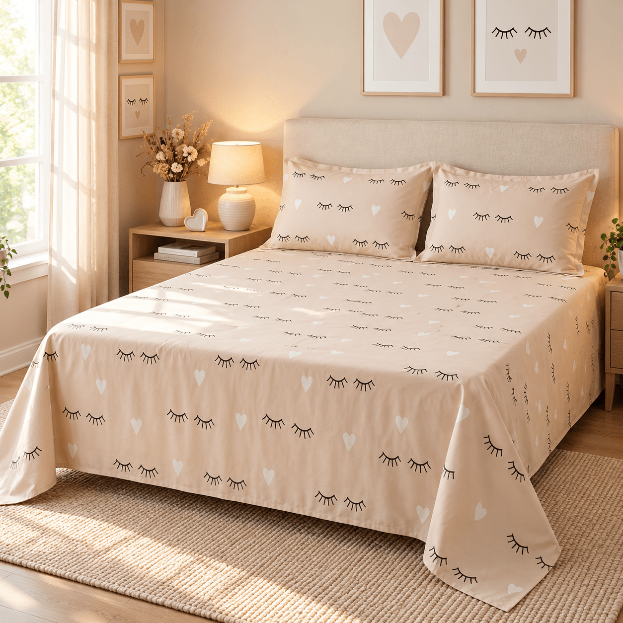 Eyelash & Hearts Beige Kids Double Bed Sheet with 2 Pillow Cases - The Idea