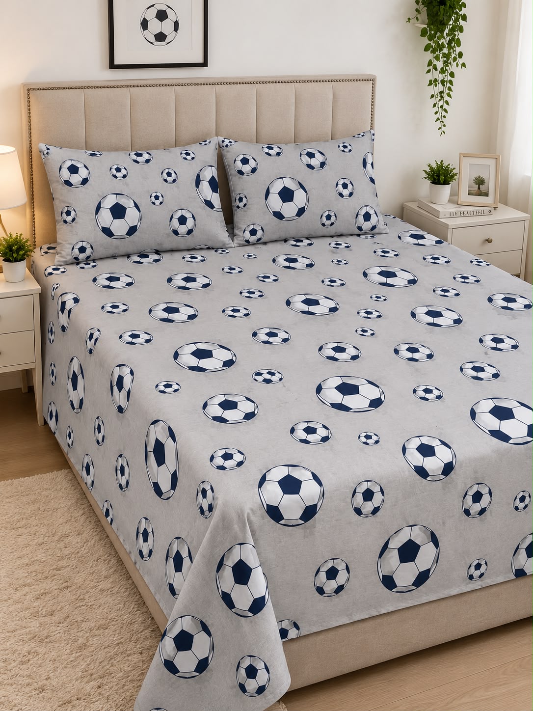 Football Grey Kids Double Bed Sheet with 2 Pillow Cases