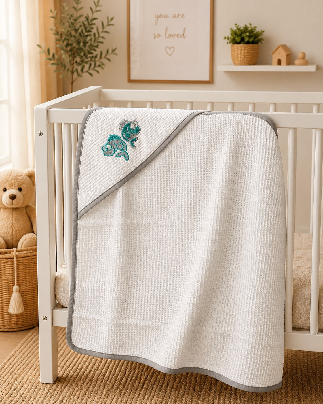 Fish embroidered hooded baby towel hanging on a white crib