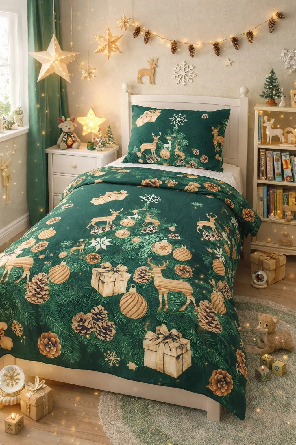 Green woodland Christmas kids single bedsheet 60x90 inches
