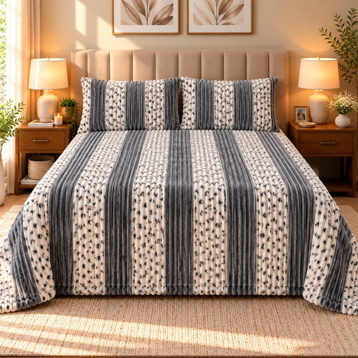 Forest Green Wave Fleece Double Bed Sheet with 2 Pillow Cases - 90 x 95 Inches - The Idea