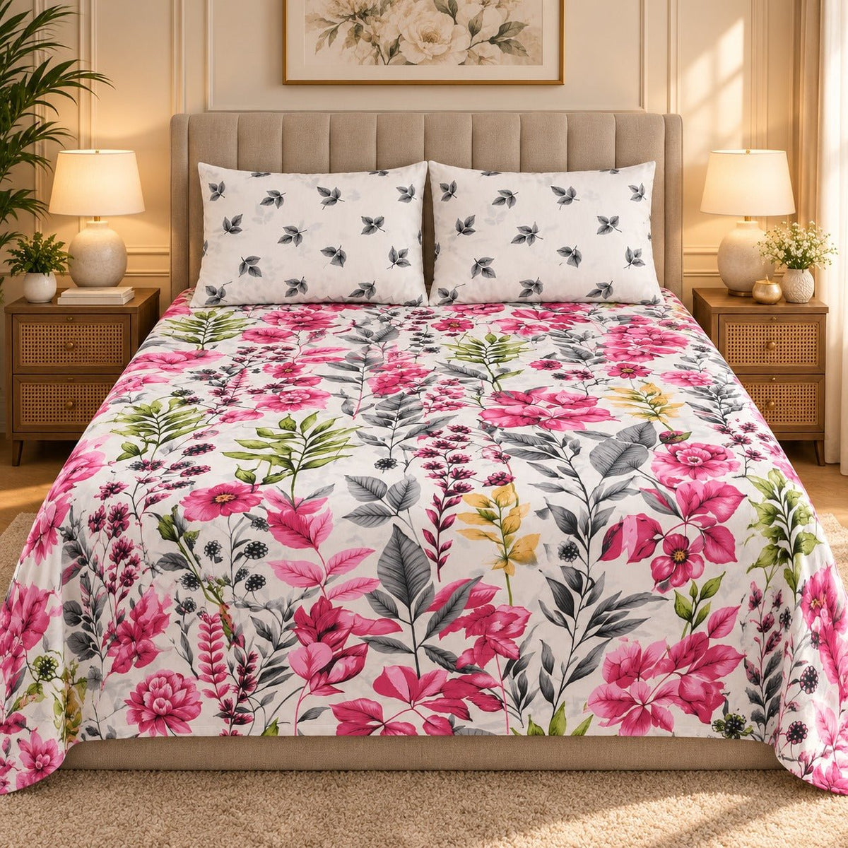 Fuchsia Wildflower Printed Cotton Double Bed Sheet with 2 Pillow Cases - The Idea