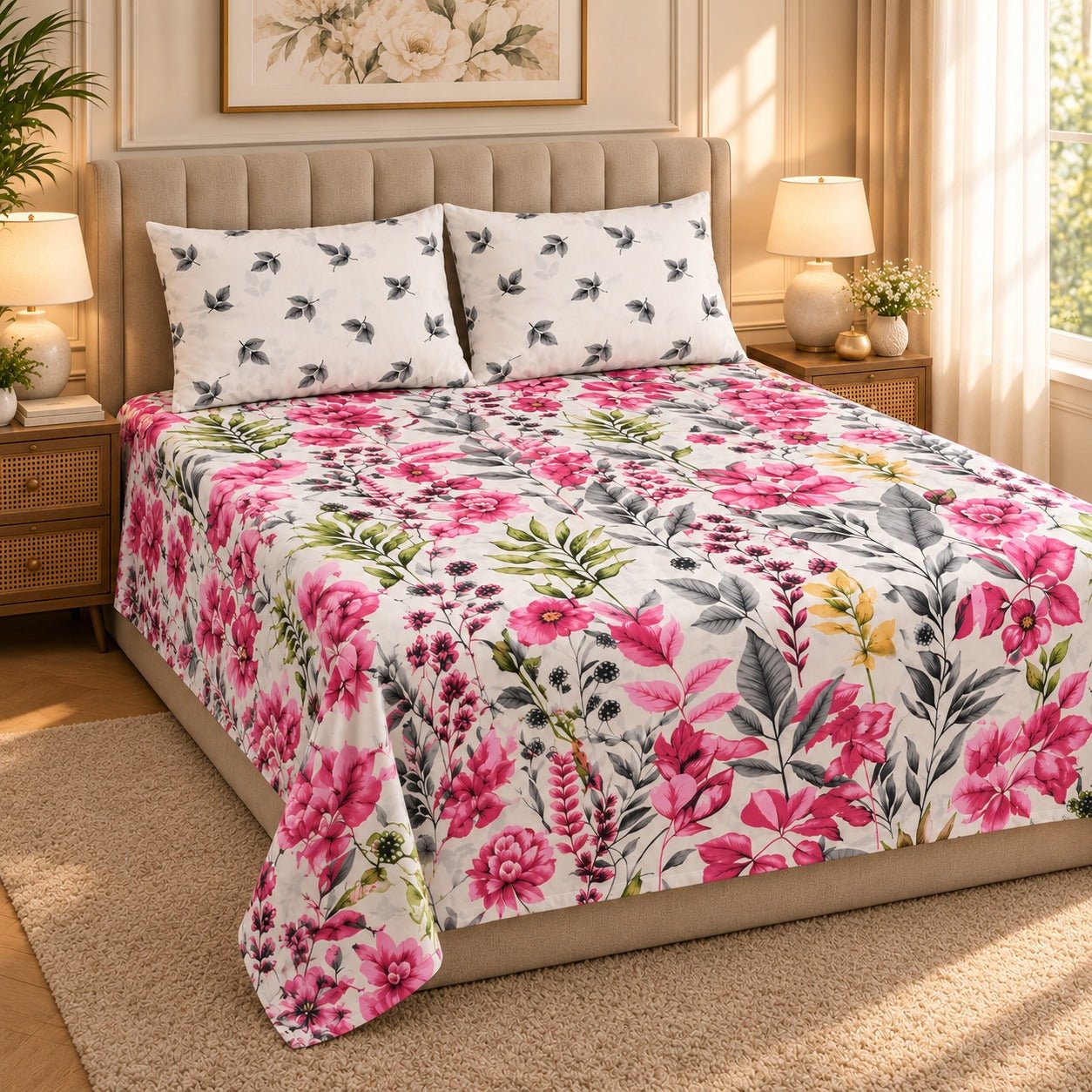 Fuchsia Wildflower Printed Cotton Double Bed Sheet with 2 Pillow Cases - The Idea