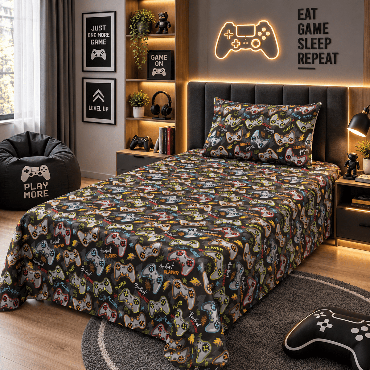 Gamer Controllers Black Kids Single Bed Sheet with Pillow Case - The Idea