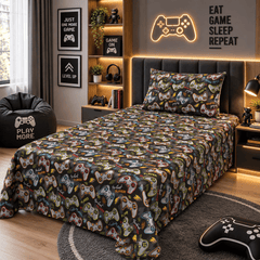 Gamer Controllers Black Kids Single Bed Sheet with Pillow Case - The Idea