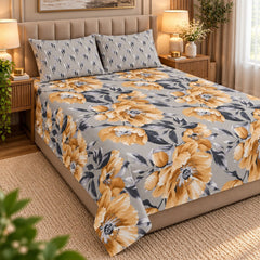 Golden Peony Grey Printed Cotton Double Bed Sheet with 2 Pillow Cases - The Idea