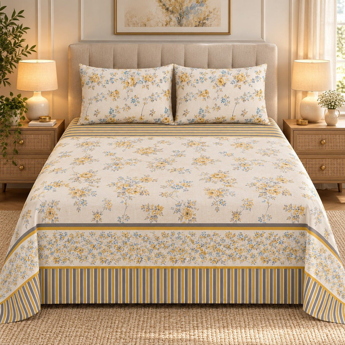 Golden Rose Border Printed Cotton Double Bed Sheet with 2 Pillow Cases - The Idea