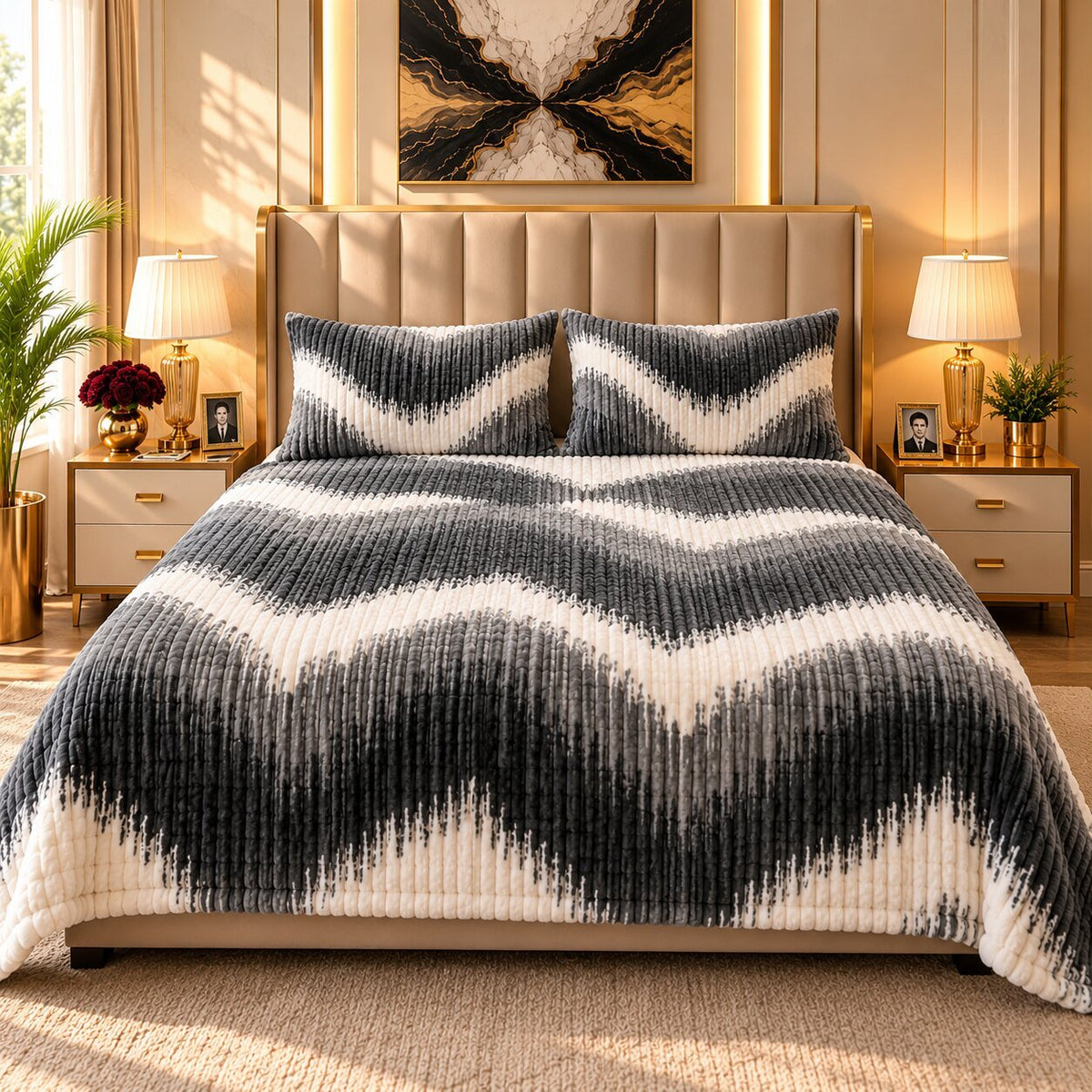 Graphite Chevron Fleece Double Bed Sheet with 2 Pillow Cases - 90 x 95 Inches - The Idea