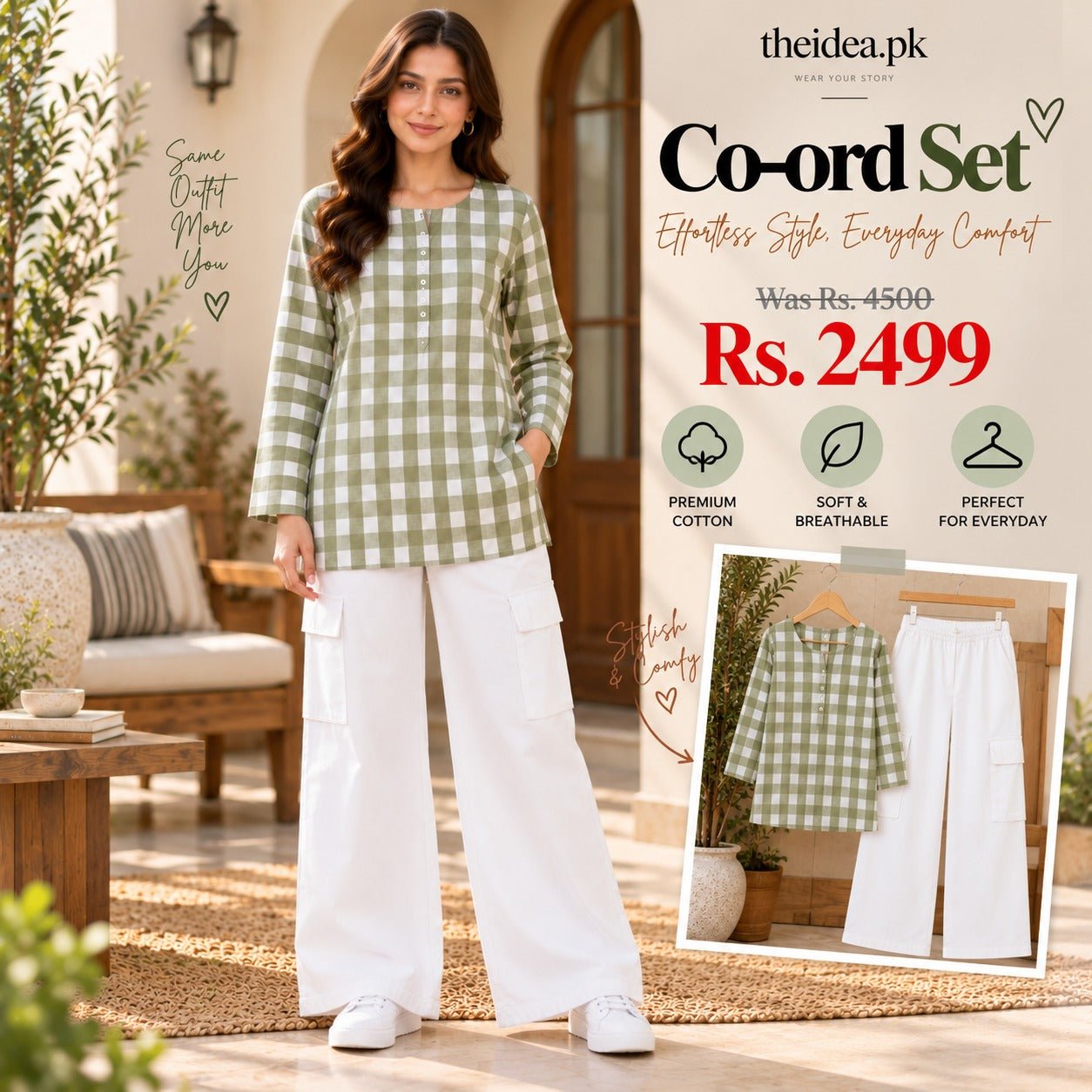 Green Gingham Check Top & White Cargo Trouser Co-ord Set II - The Idea