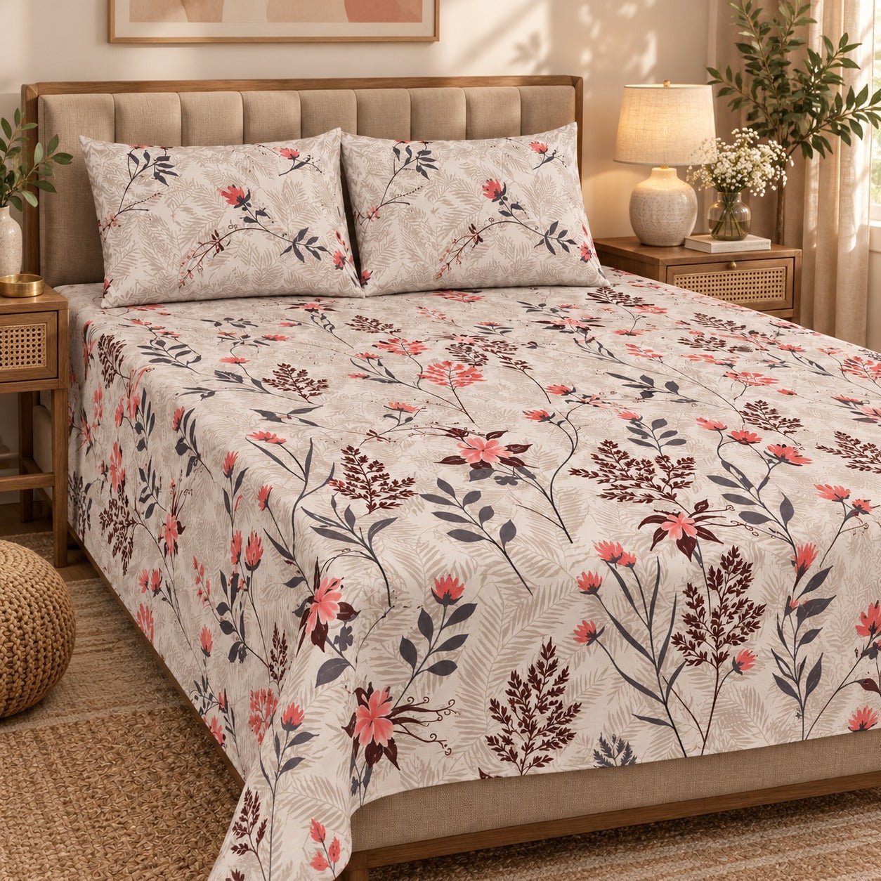 Grey Botanical Sprig Printed Cotton Double Bed Sheet with 2 Pillow Cases - The Idea