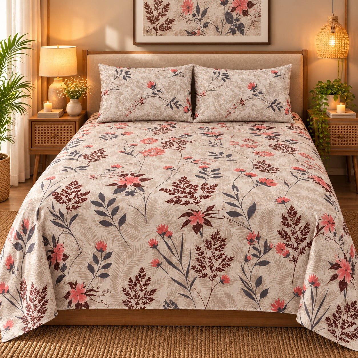 Grey Botanical Sprig Printed Cotton Double Bed Sheet with 2 Pillow Cases - The Idea