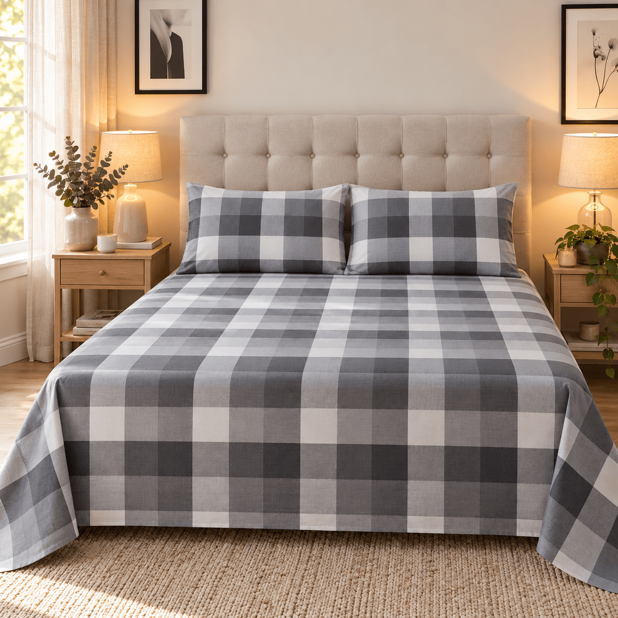 Grey Buffalo Check Kids Double Bed Sheet with 2 Pillow Cases - The Idea