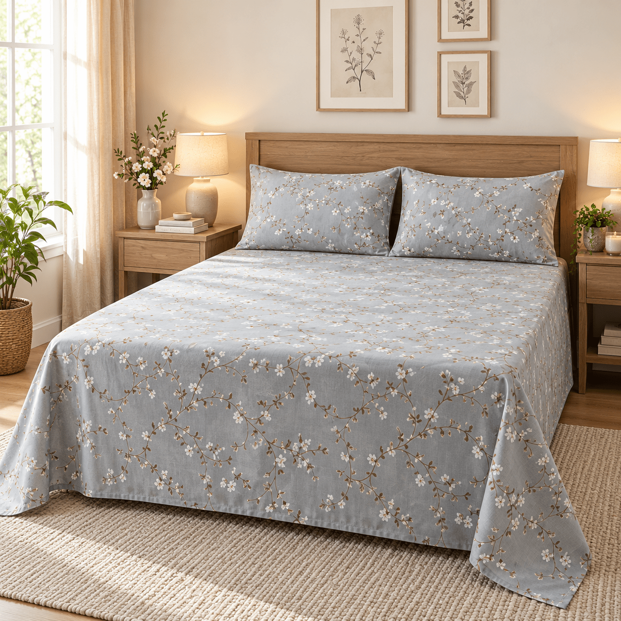 Grey Cherry Blossom Kids Double Bed Sheet with 2 Pillow Cases - The Idea