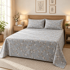 Grey Cherry Blossom Kids Double Bed Sheet with 2 Pillow Cases - The Idea