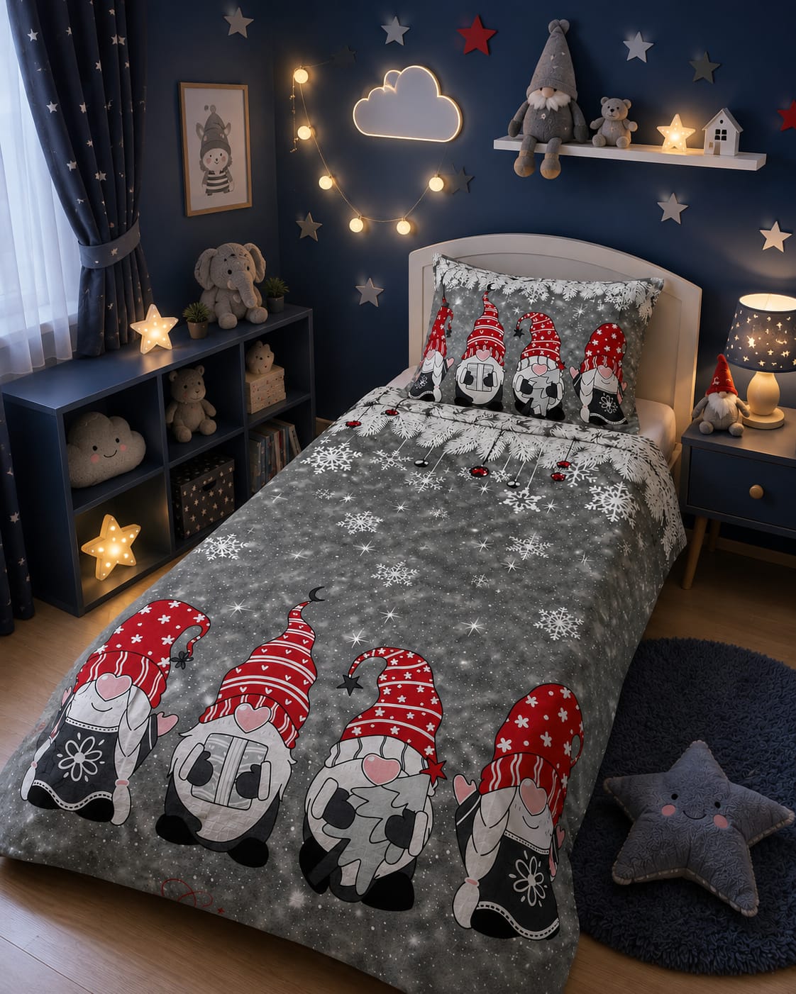 Grey Christmas Gnomes Kids Single Bed Sheet with Pillow Case - The Idea