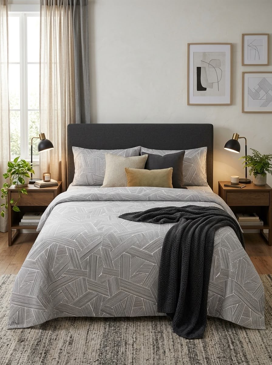 Grey Geometric Lines Kids Double Bed Sheet with 2 Pillow Cases - The Idea