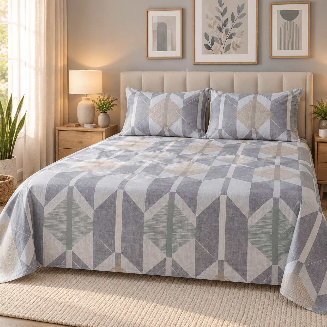 Grey Geometric Shapes Kids Double Bed Sheet with 2 Pillow Cases - The Idea