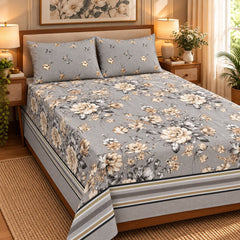 Grey Peony Stripe Printed Cotton Double Bed Sheet with 2 Pillow Cases - The Idea