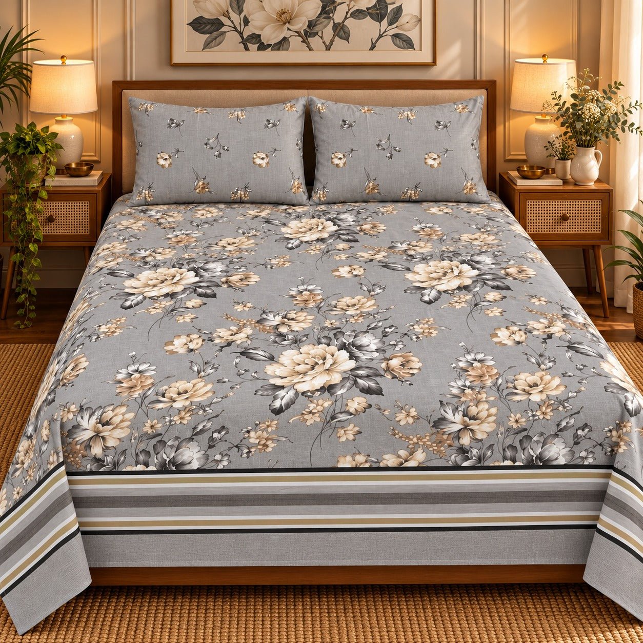 Grey Peony Stripe Printed Cotton Double Bed Sheet with 2 Pillow Cases - The Idea