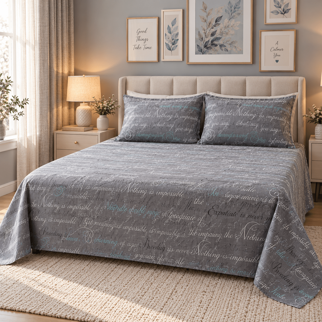 Grey Script Text Kids Double Bed Sheet with 2 Pillow Cases - The Idea