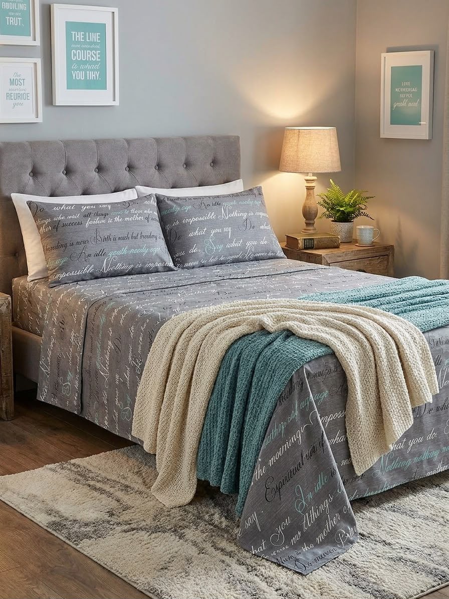 Grey Script Text Kids Double Bed Sheet with 2 Pillow Cases - The Idea