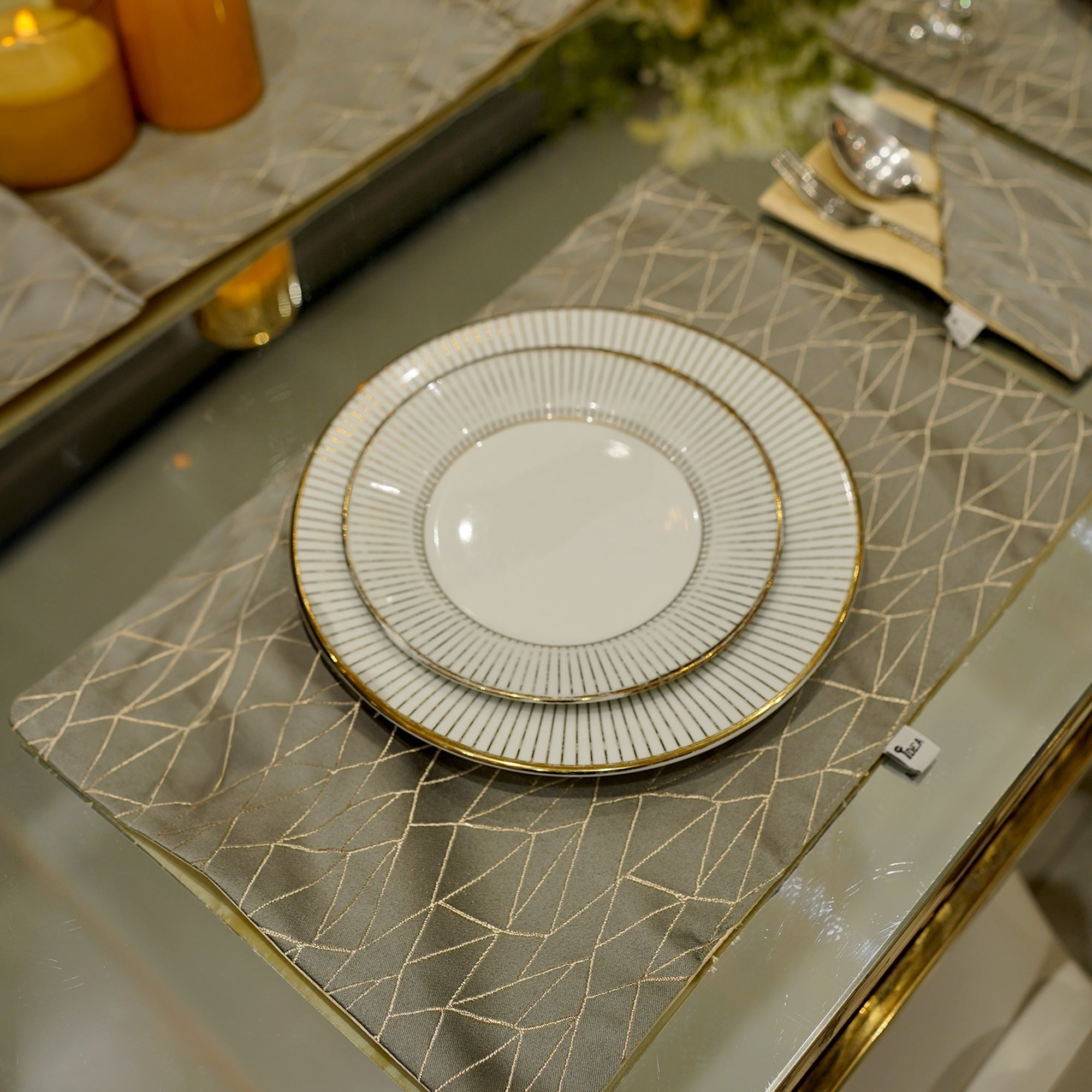 Grey Silver Geometric Jacquard Dining Set – Table Runner, 6 Placemats & 6 Spoon Covers - The Idea
