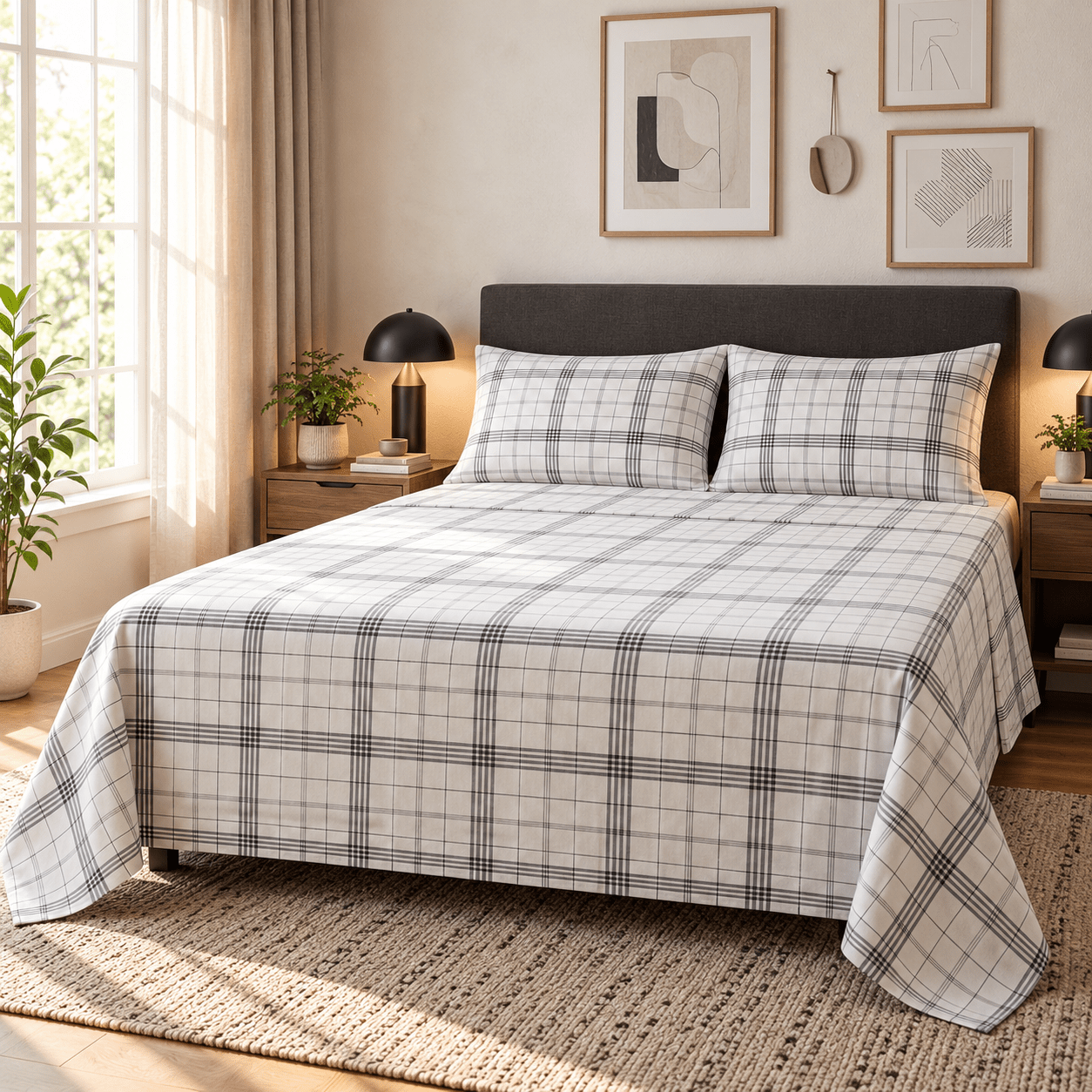 Grey & White Check Kids Double Bed Sheet with 2 Pillow Cases - The Idea