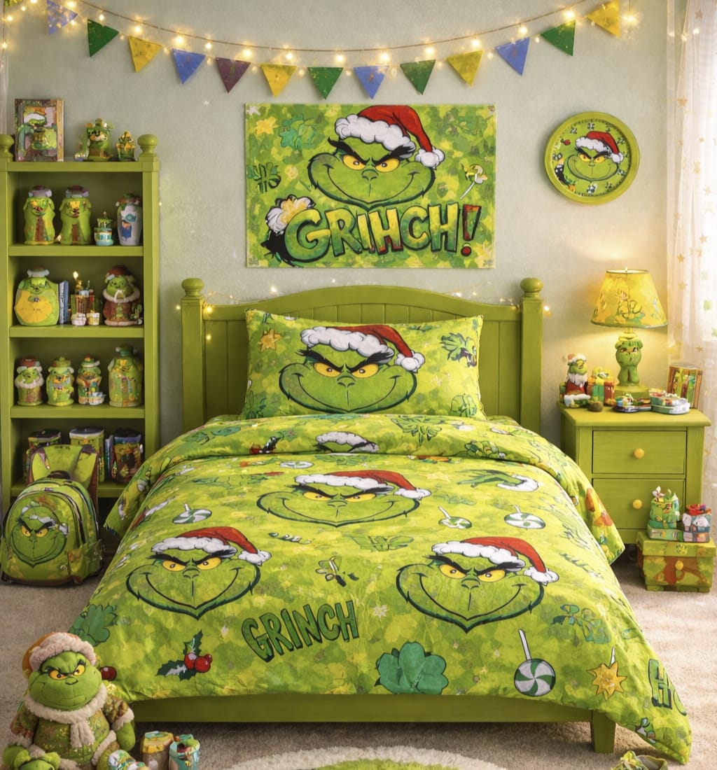 Grinch Poster kids single bed sheet with matching pillow case