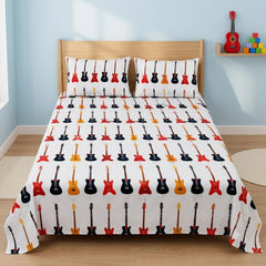 Guitar Music Kids Double Bed Sheet with 2 Pillow Cases