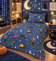 Halloween Witch Cats Kids Single Bed Sheet with Pillow Case