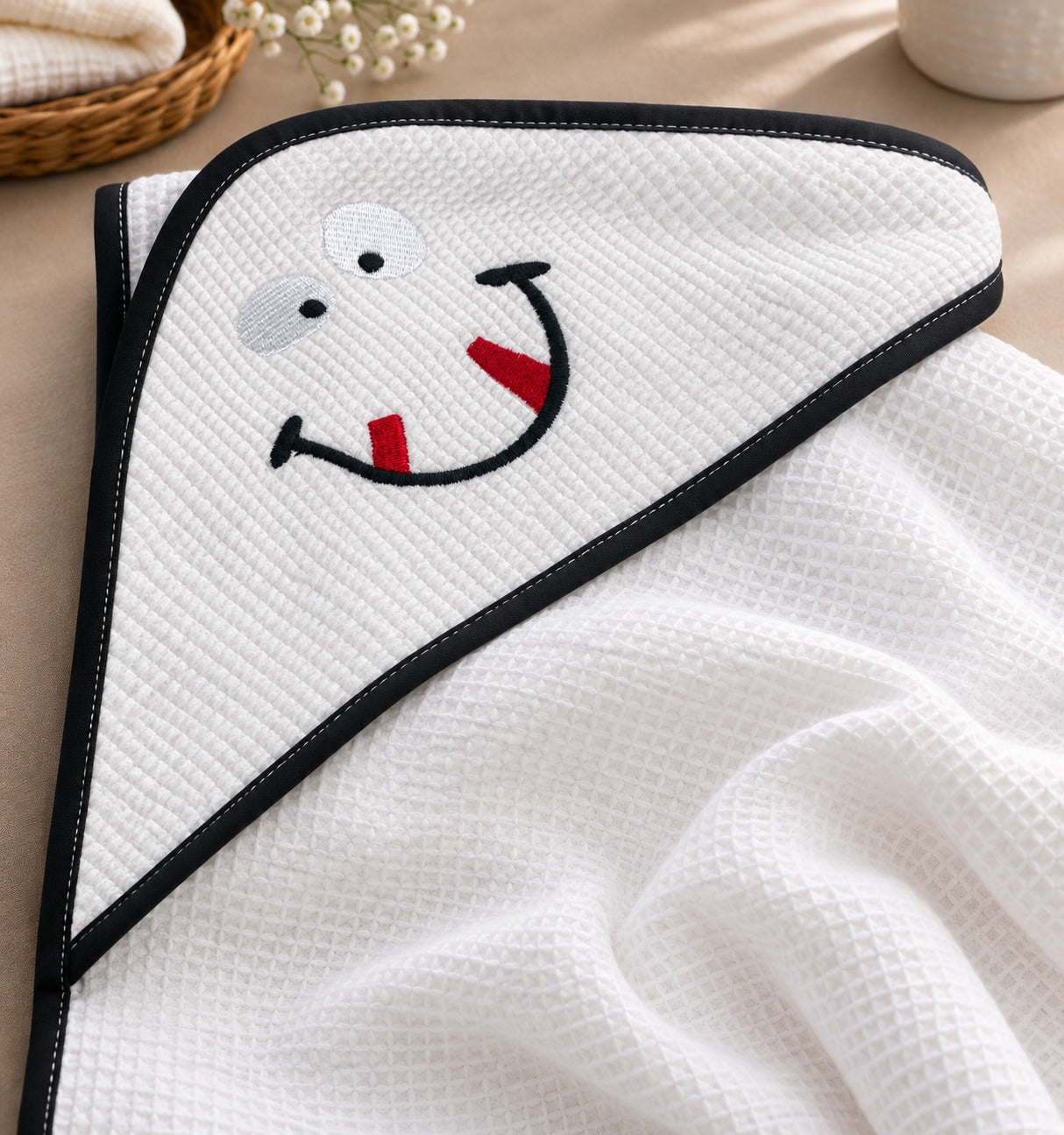 White cotton hooded baby towel with happy face embroidery and dark contrast trim