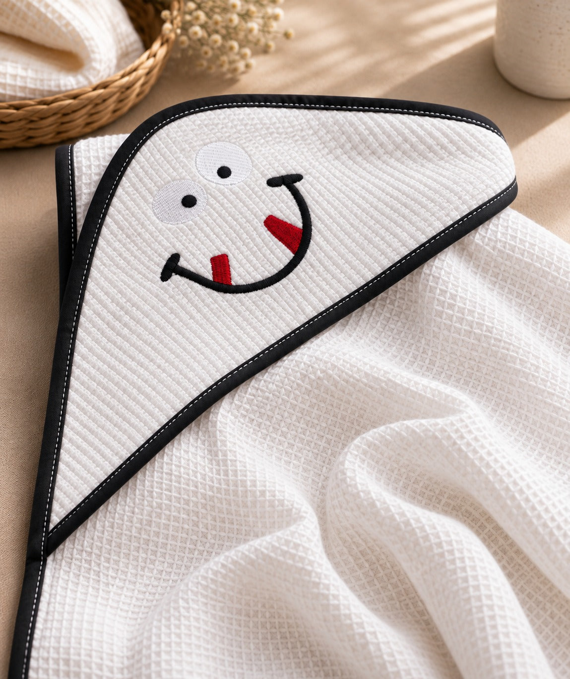 Close-up of happy face embroidery and waffle texture on white baby towel