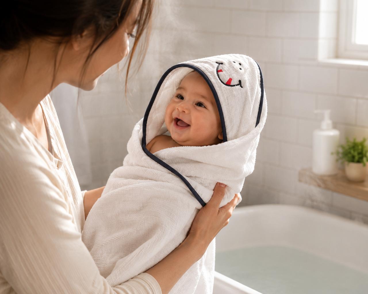 Mother holding baby in The Idea white happy face hooded cotton towel