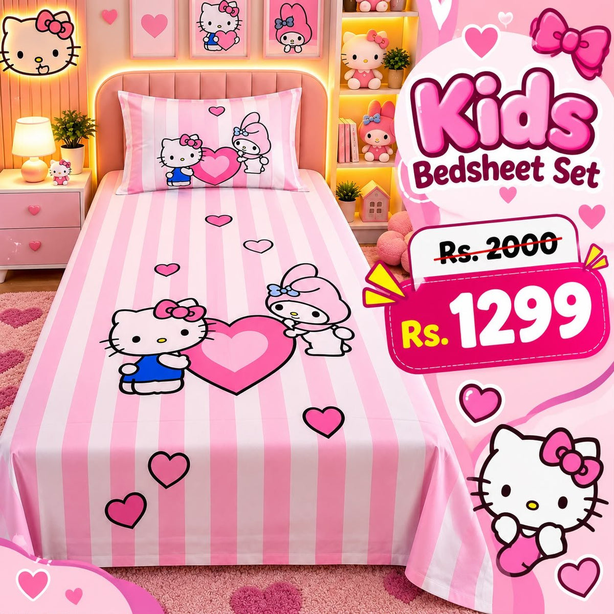 Hello Kitty Pink Stripes Kids Single Bed Sheet with Pillow Case - The Idea