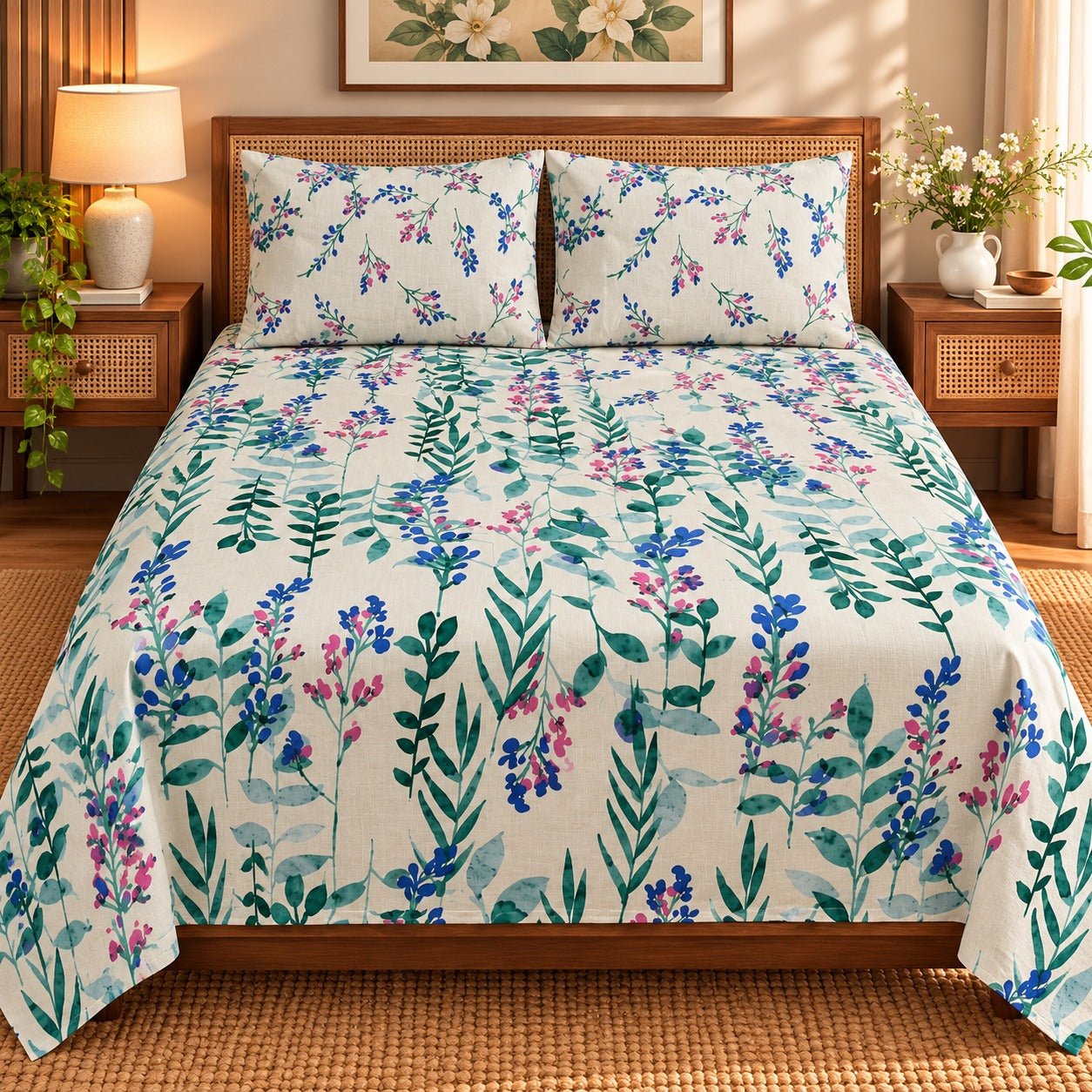 Herb Garden Sprig Printed Cotton Double Bed Sheet with 2 Pillow Cases - The Idea
