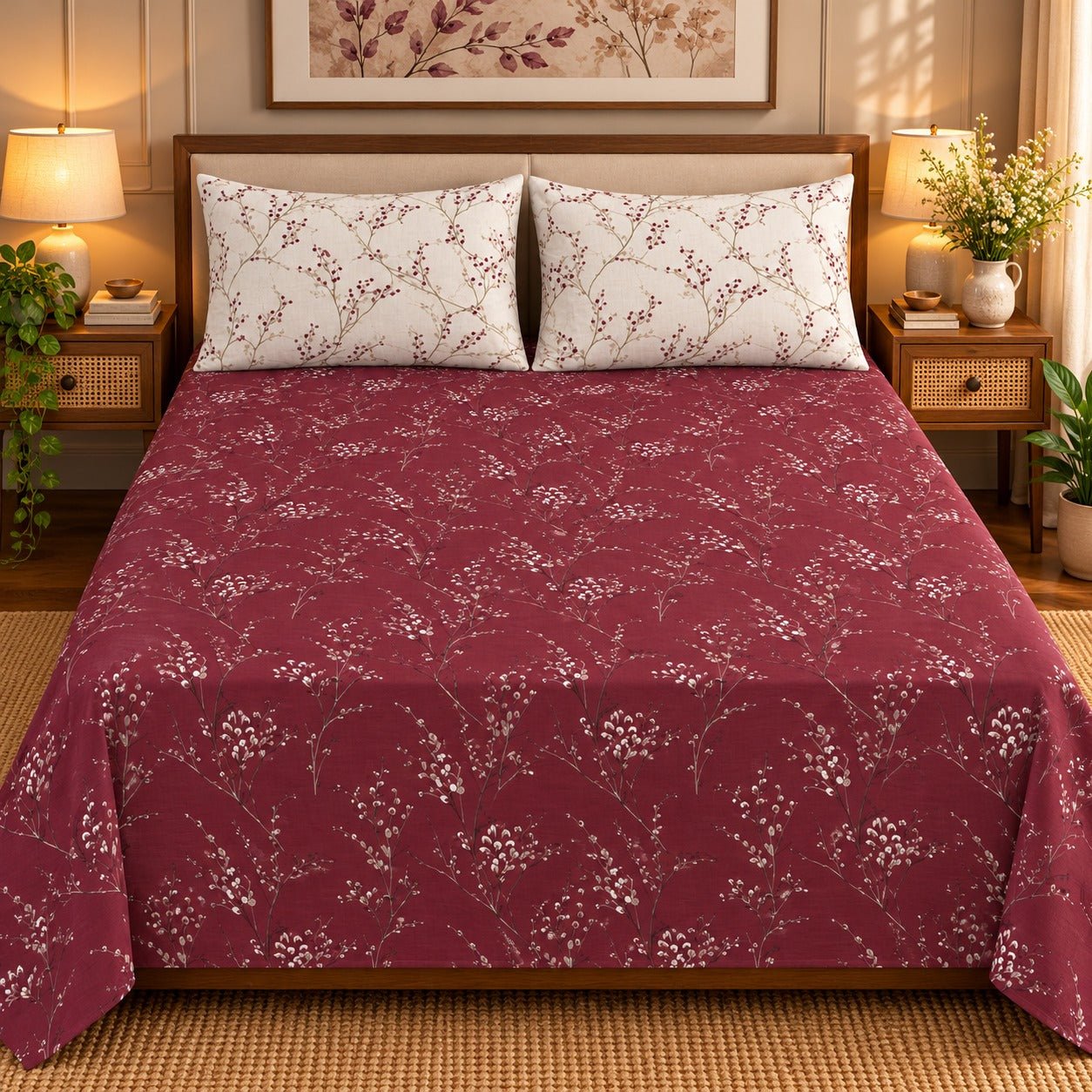 Heritage Patchwork Tan Printed Cotton Double Bed Sheet with 2 Pillow Cases - The Idea