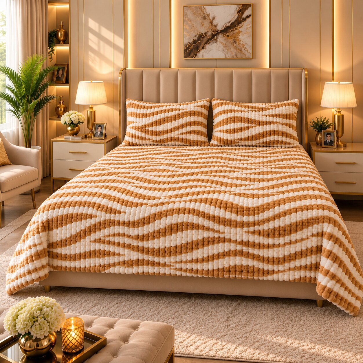 Honey Wave Fleece Double Bed Sheet with 2 Pillow Cases - 90 x 95 Inches - The Idea