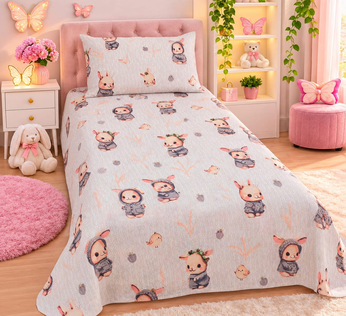 Hooded Bunny Friends Kids Single Bed Sheet with Pillow Case