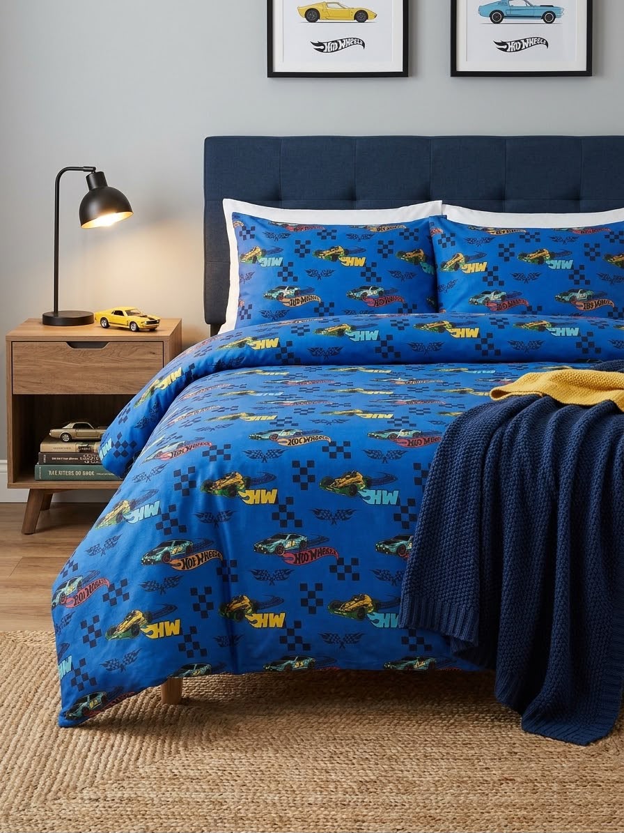 Hot Wheels Blue Kids Double Bed Sheet with 2 Pillow Cases - The Idea