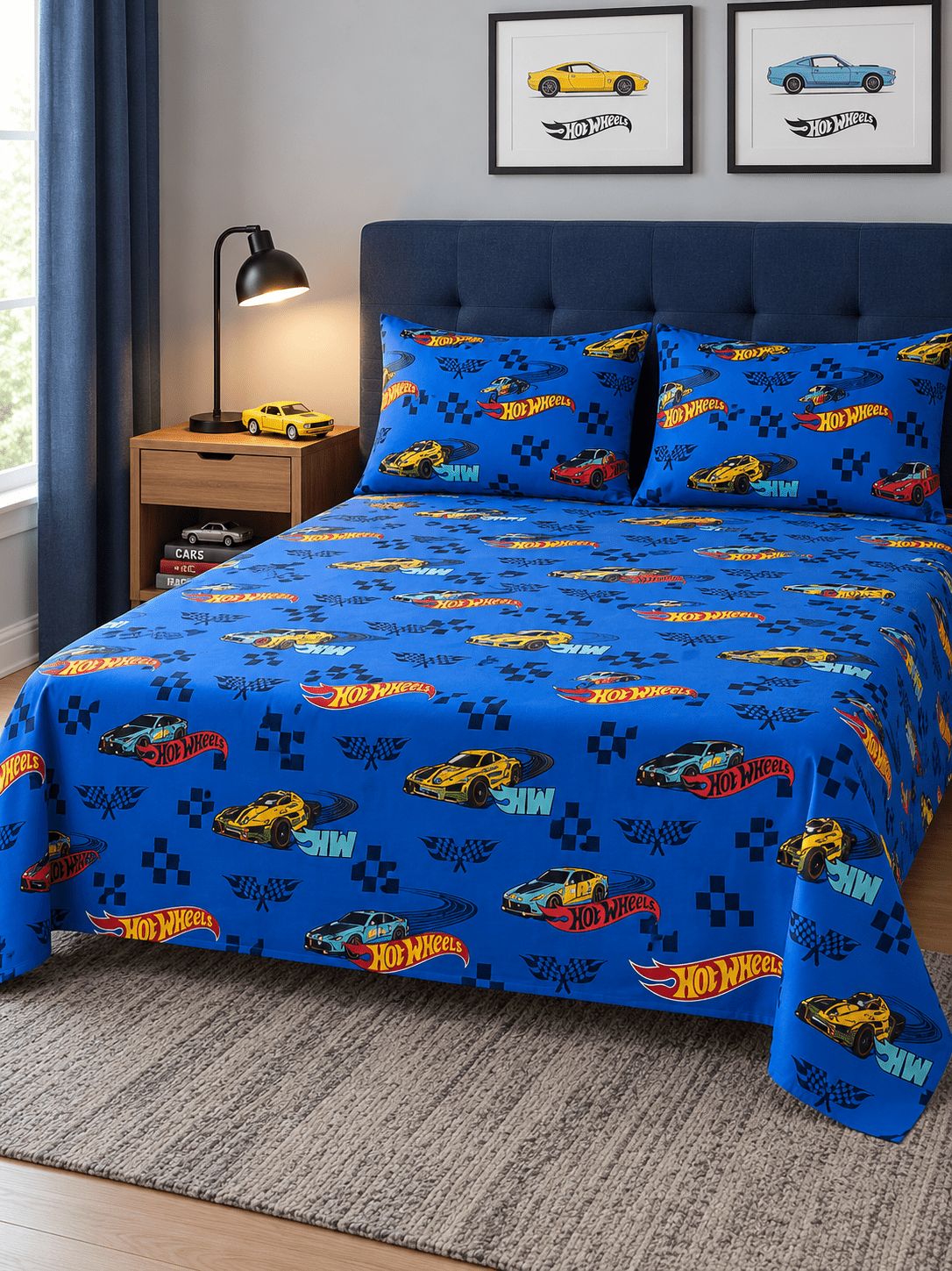 Hot Wheels Blue Kids Double Bed Sheet with 2 Pillow Cases - The Idea