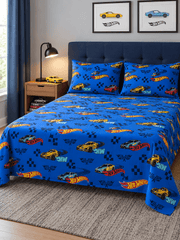 Hot Wheels Blue Kids Double Bed Sheet with 2 Pillow Cases - The Idea
