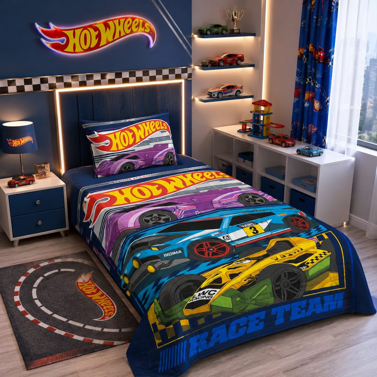 Hot Wheels Race Team kids single bed sheet with matching pillow case